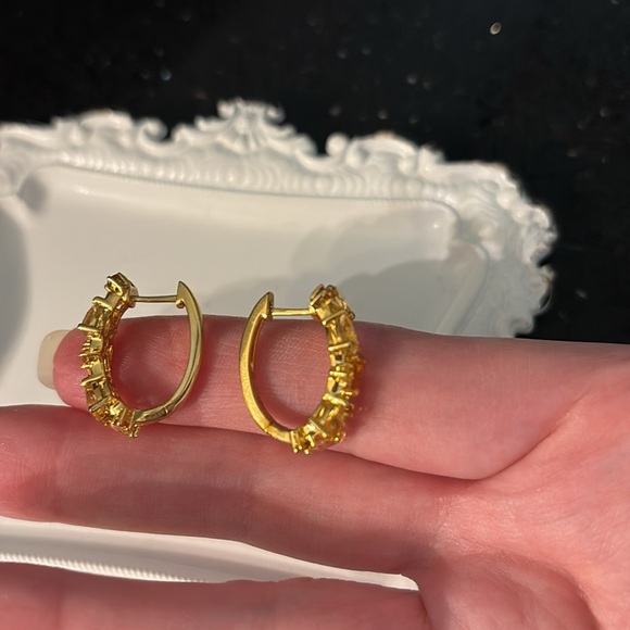 Citrine & Mixed Cut Gemstones Hoop Earrings 14K Goldplated Sterling Silver - Picture 4 of 11